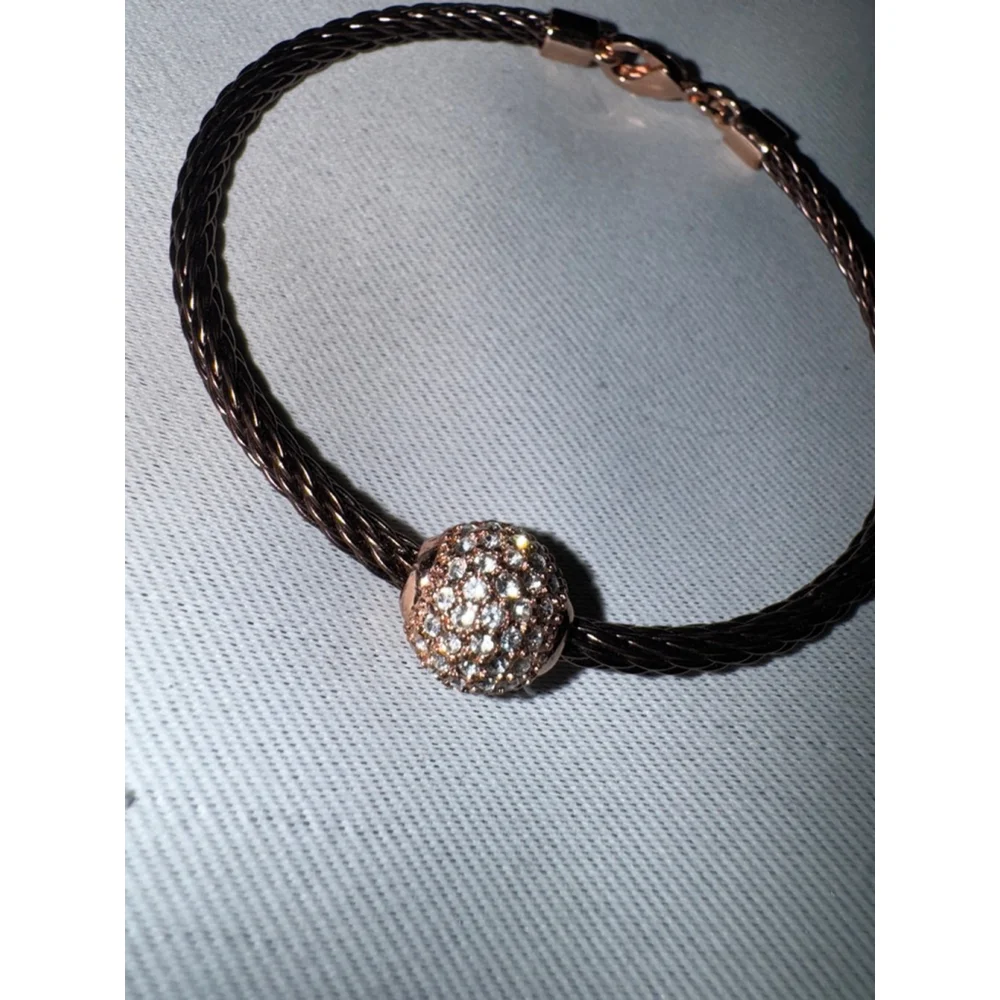 Pave Crystal Bead Bracelet Dark Cable Wire Gold Tone Quiet Luxury Glam Minimalis